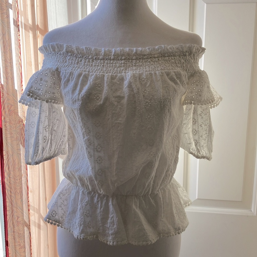 J.O.A. Off-Shoulder Embroidered Boho Short Sleeve Top